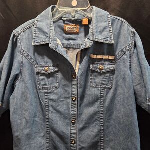 C.E. Schmidt Distressed Denim Shirt Women's Large Short Sleeve Western Cutoff